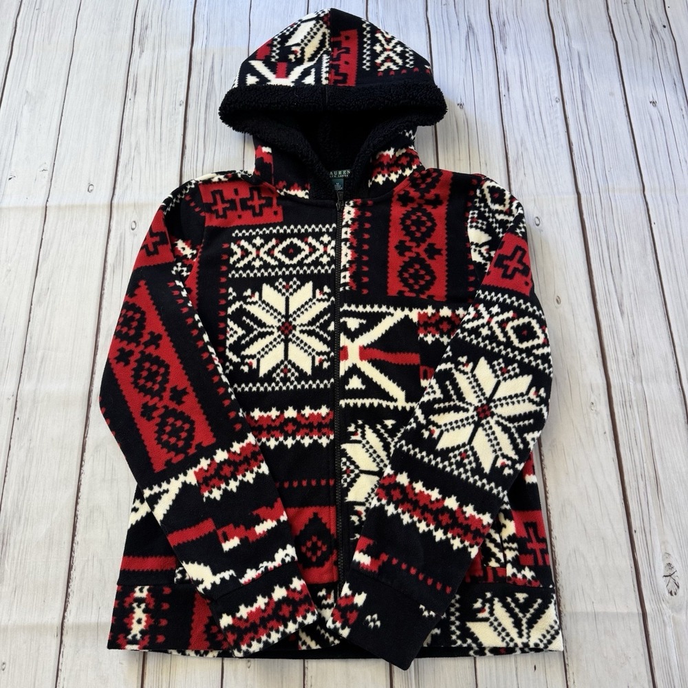 Lauren Ralph Lauren Fleece Jacket Nordic Fair Isle Hooded Full Zip Snowflake‎ M